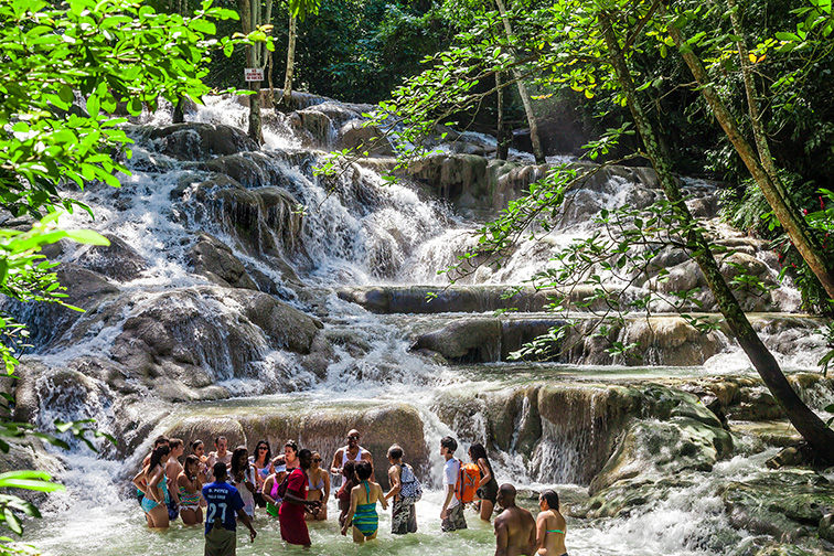 The Dunn's River Falls are waterfalls in Ocho Rios in Jamaica; Courtesy of Jan Schneckenhaus/Shutterstock