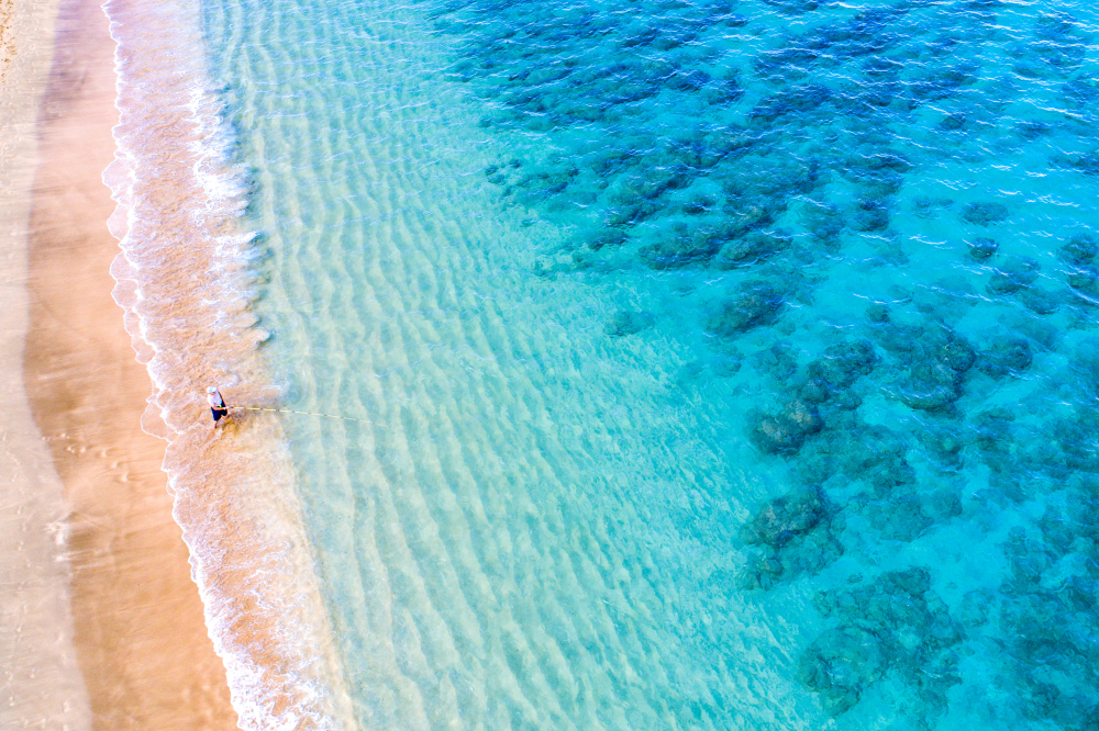 above view of beautiful Hawaiian beach on island of maui, man standing in water fishing