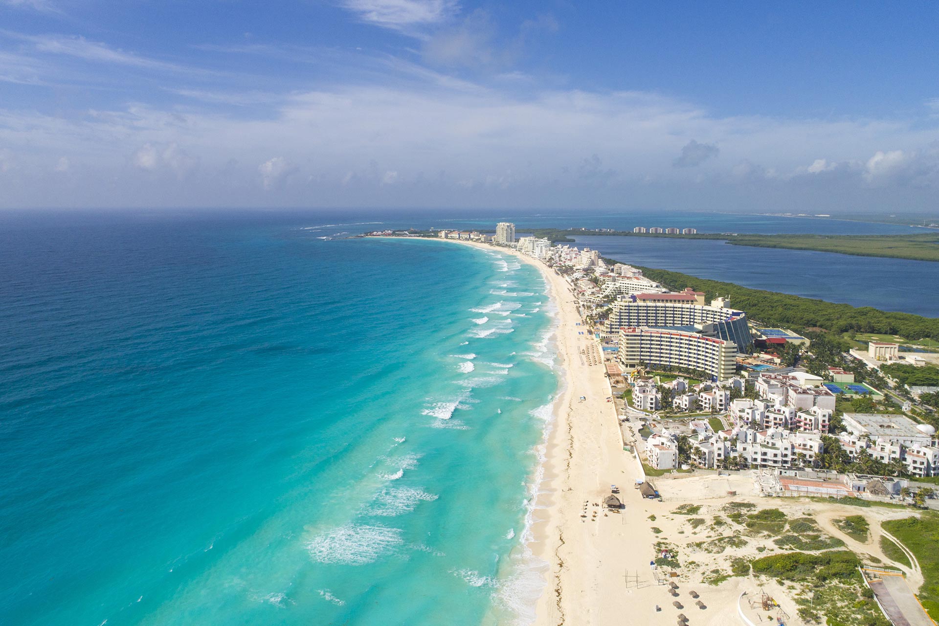 An aerial shot of the beaches in Cancun, Mexico.