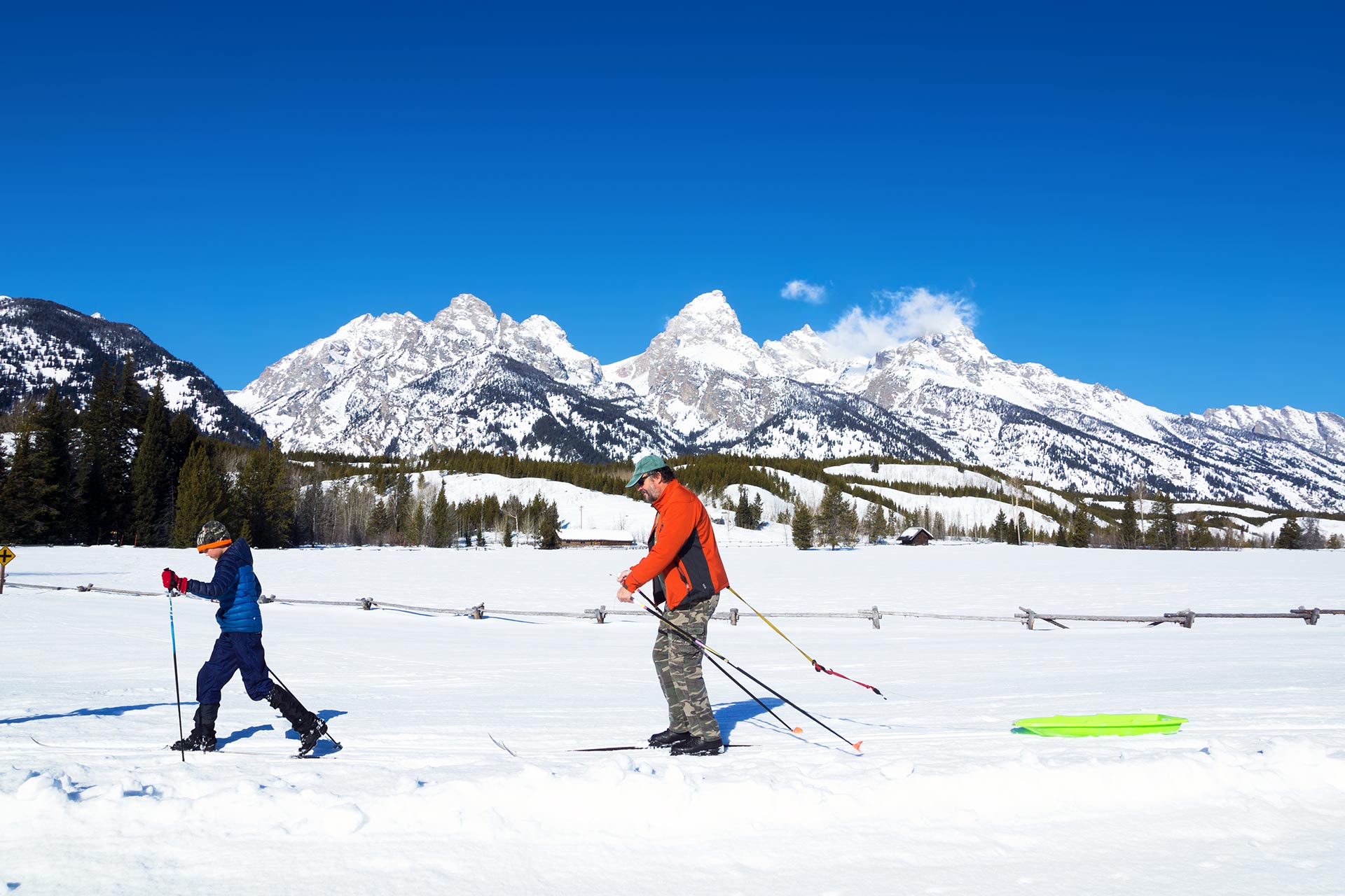 Cross-country skiing in Grand Teton National Park in Wyoming, USA.