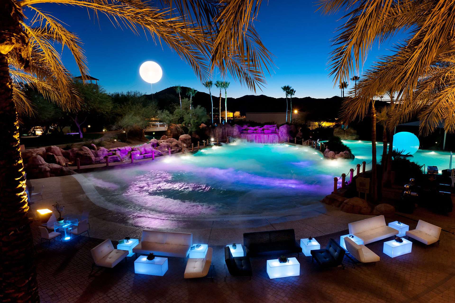 Water Park at Night at Arizona Grand Resort & Spa in Phoenix; Courtesy of Arizona Grand Resort & Spa