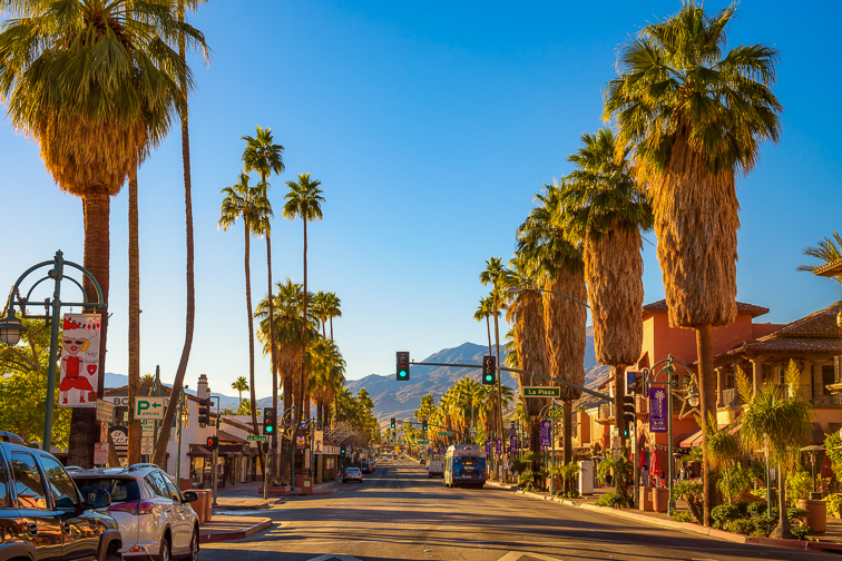 Scenic street view of Palm Springs at sunrise.; Courtesy of Nick Fox/Shutterstock