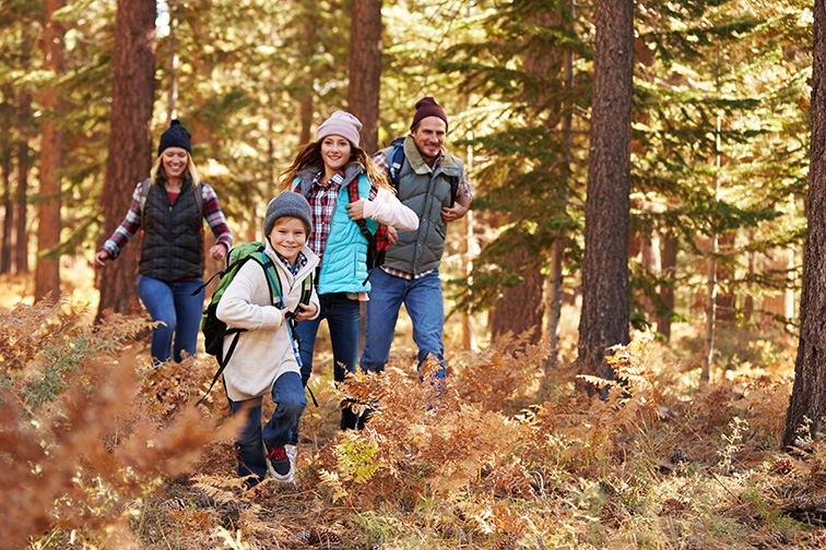 family hiking in woods; Courtesy of Monkey Business Images/Shutterstock