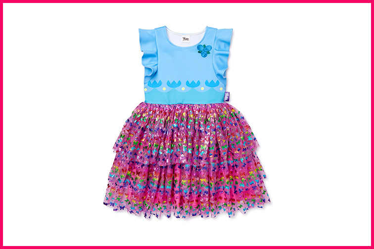 Trolls World Tour Exclusive “Poppy” Flutter Sleeve Dress ; Courtesy Walmart