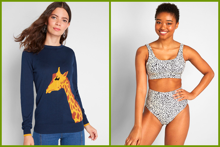 Two models wearing a sweater and a swimsuit from Modcloth