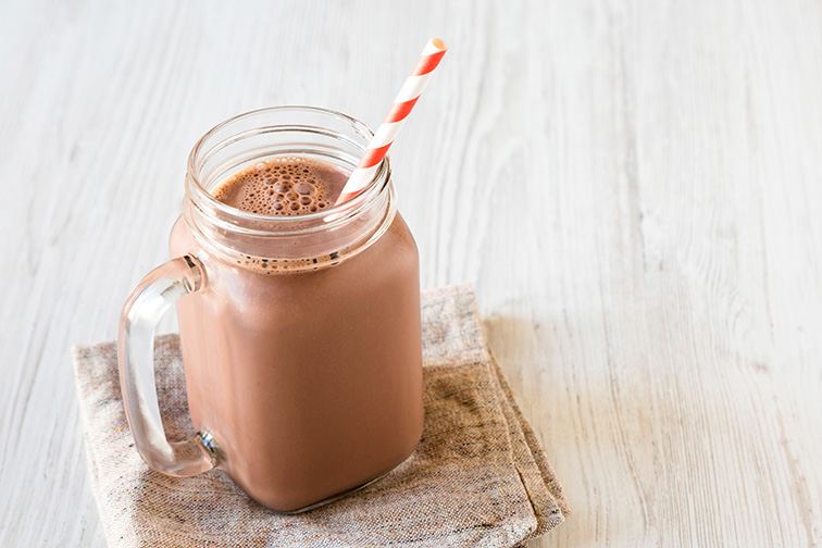 peanut butter jelly milkshake on table; Courtesy Liudmyla Chuhunova/Shutterstock