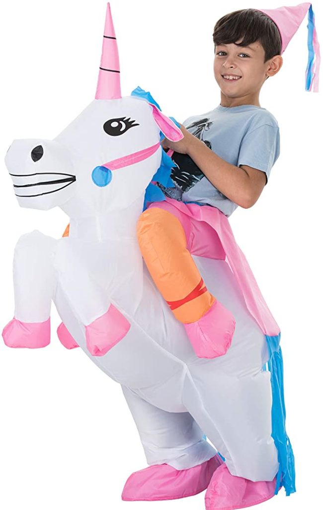 Child wearing an inflatable unicorn costume