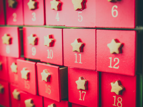 Close-up of red doors of an Advent Calendar