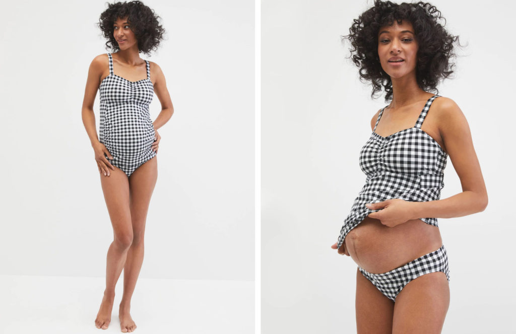 Two views of the Motherhood Ruched Two-Piece Maternity Tankini