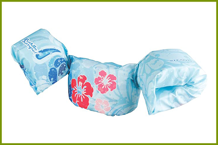 Puddle jumper kids swim floatie in blue with a floral design