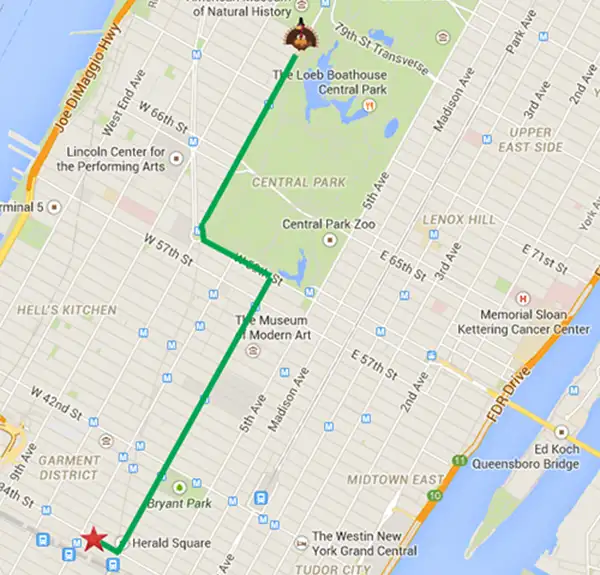 A map of the 2014 Macy's Thanksgiving Day Parade route in New York City.