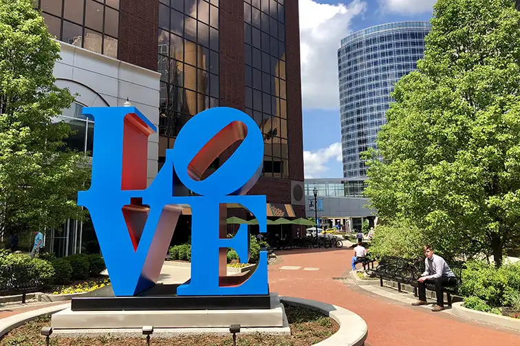 Iconic pop art blue LOVE sculpture in downtown Grand Rapids; Courtesy of By Malgosia S/Shutterstock