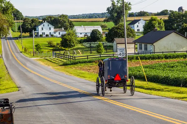 Amish horse and buggy on a road in Lancaster.