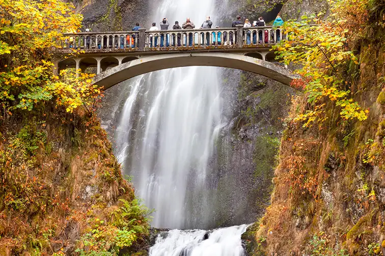 Multnomah Falls Waterfall Autumn, Fall Bridge Columbia River Gorge, Oregon; Courtesy Bill Perry/Shutterstock