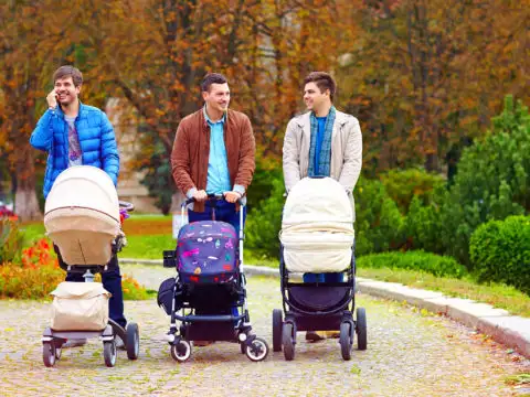 Three fathers walking in the park with strollers