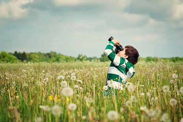 Boy looking through binoculars in a field of dandelions.