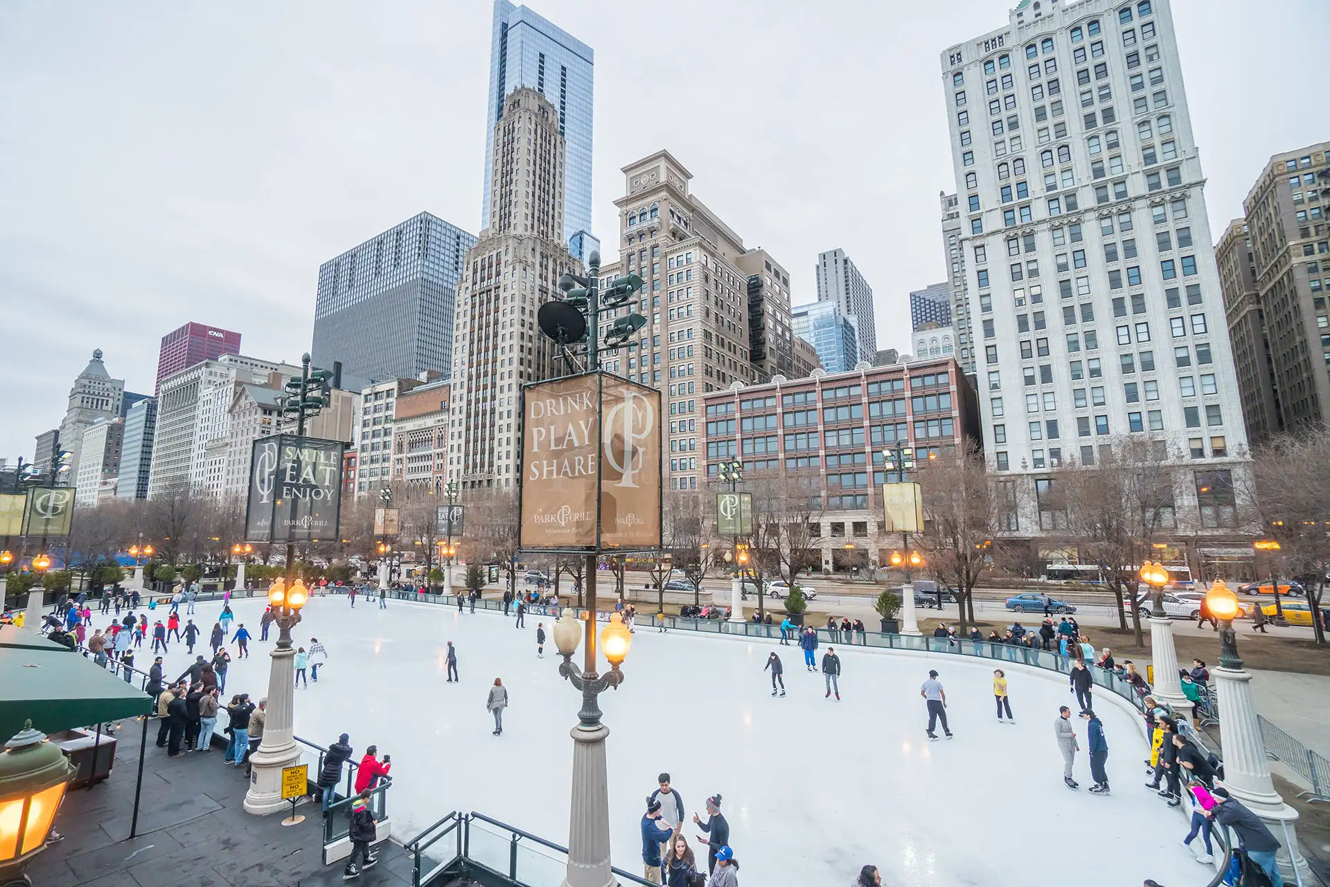 Ice skating at McCormick Tribune Plaza in Chicago, Illinois; Courtesy of Miune/Shutterstock.com