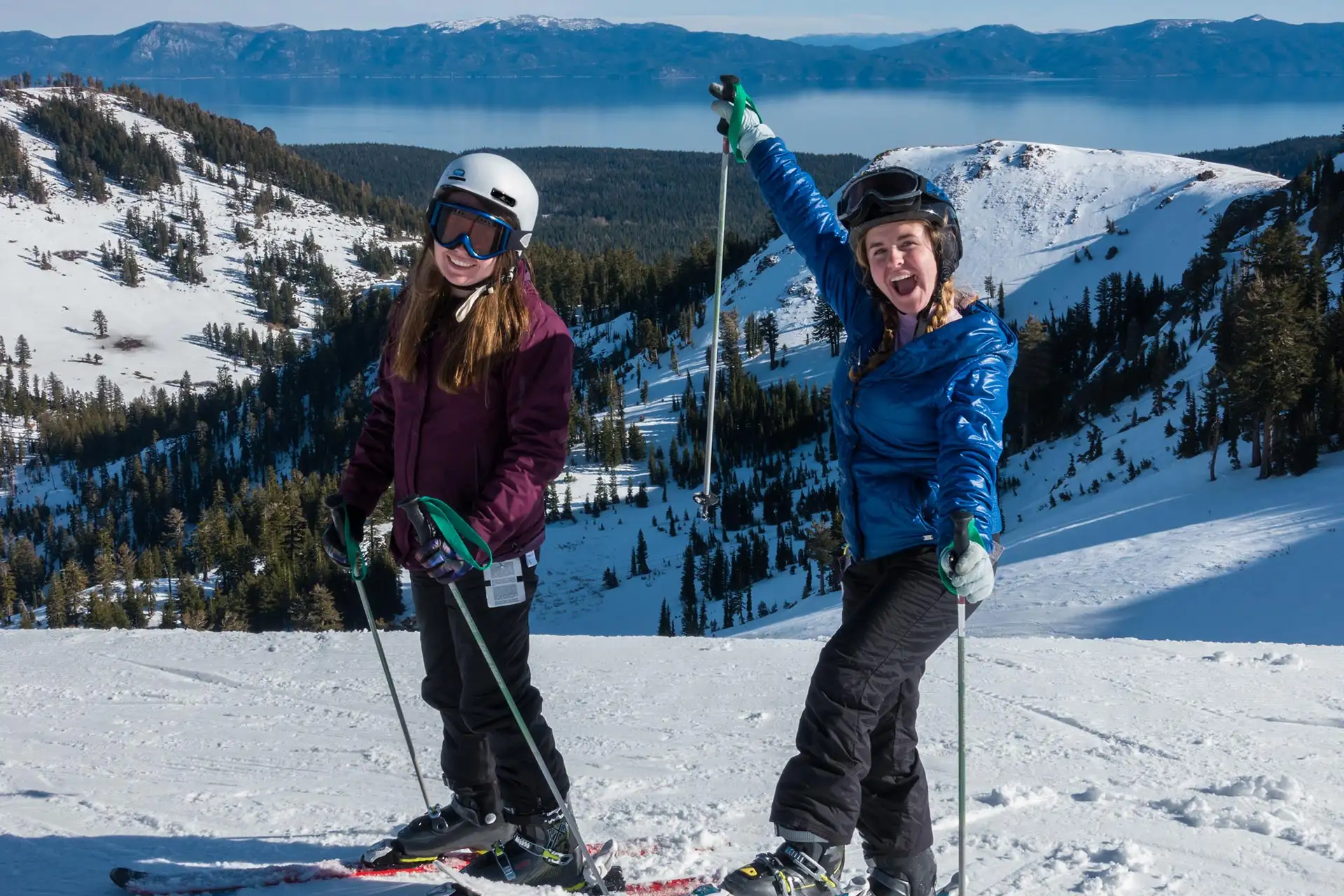 Two teen girls getting ready to rip it down the mountain at Northstar in California.