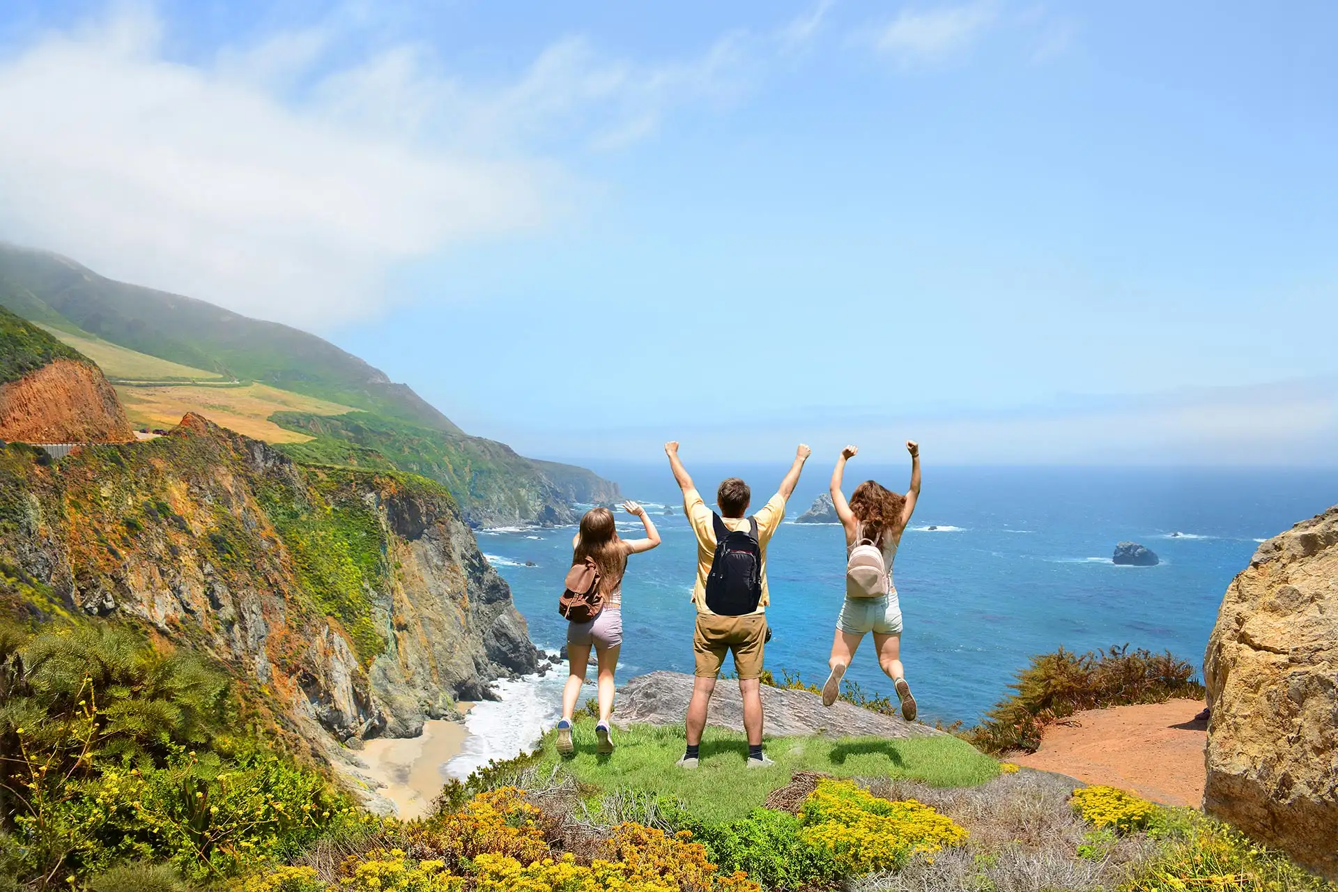 A group of kids enjoying the beautiful views of Big Sur, California