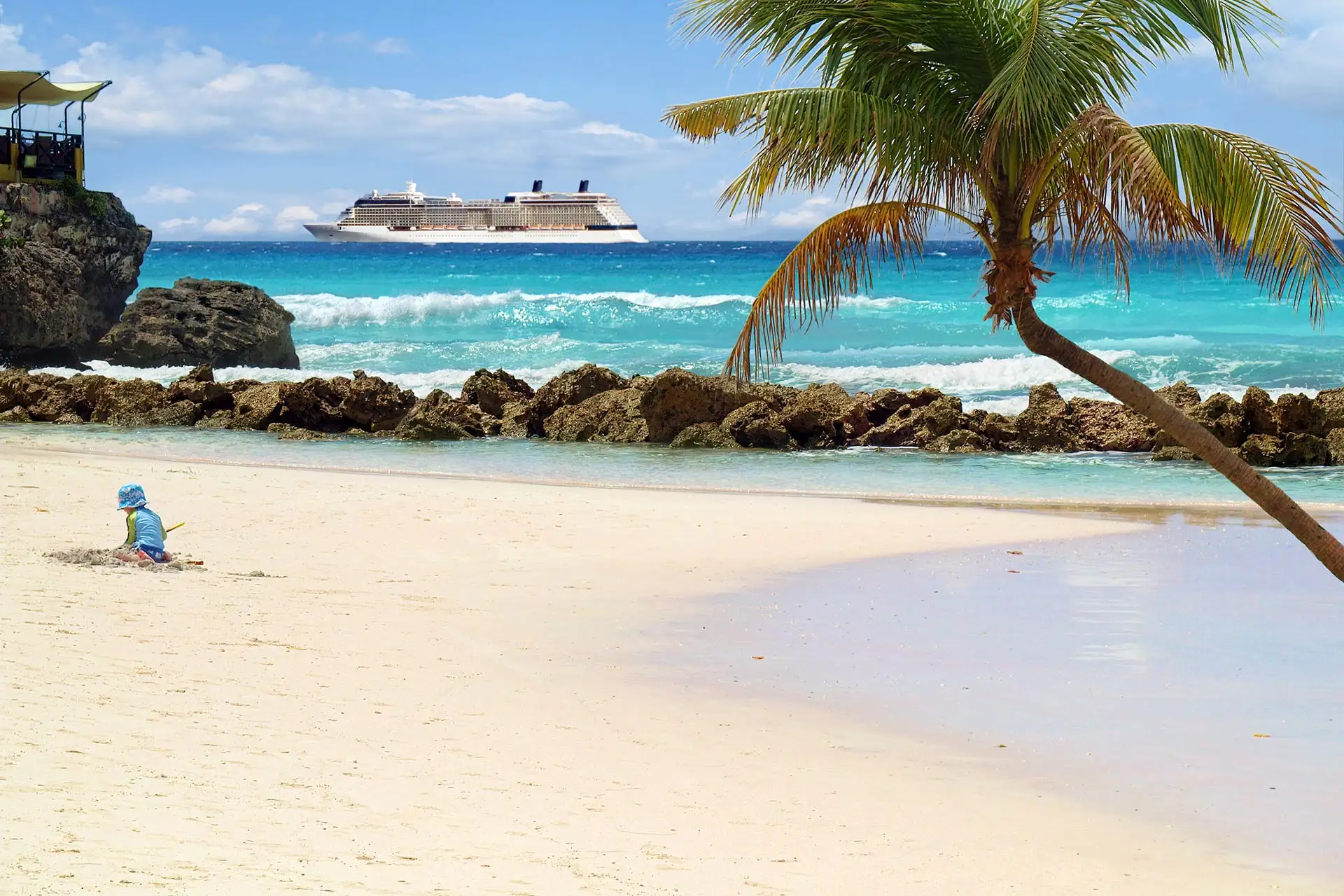 Tropical Beach With Cruise Ship in Distance