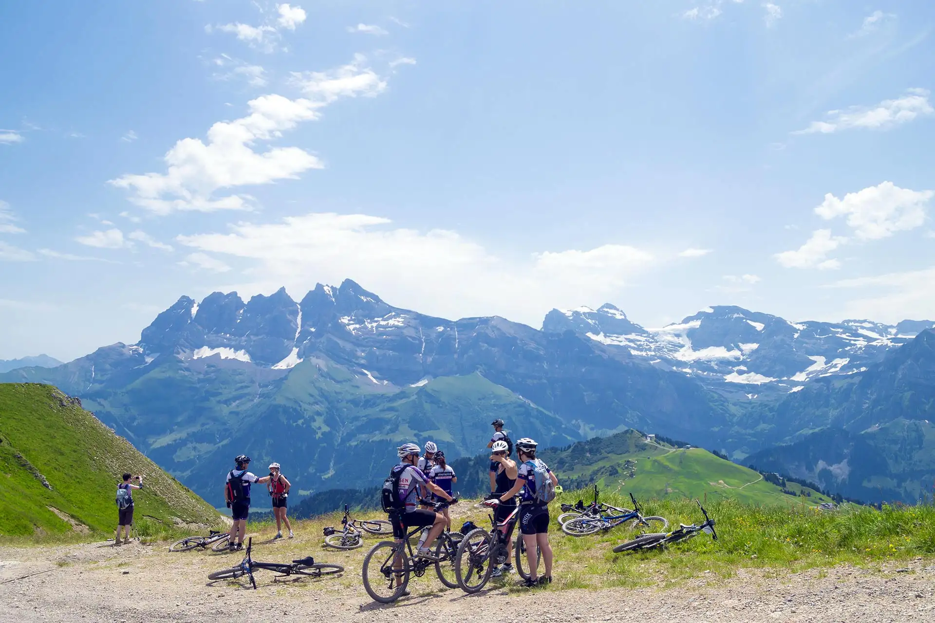 Bikers in Swiss Alps, Portes du Soleil Region; Photo Courtesy of ELEPHOTOS/Shutterstock.com