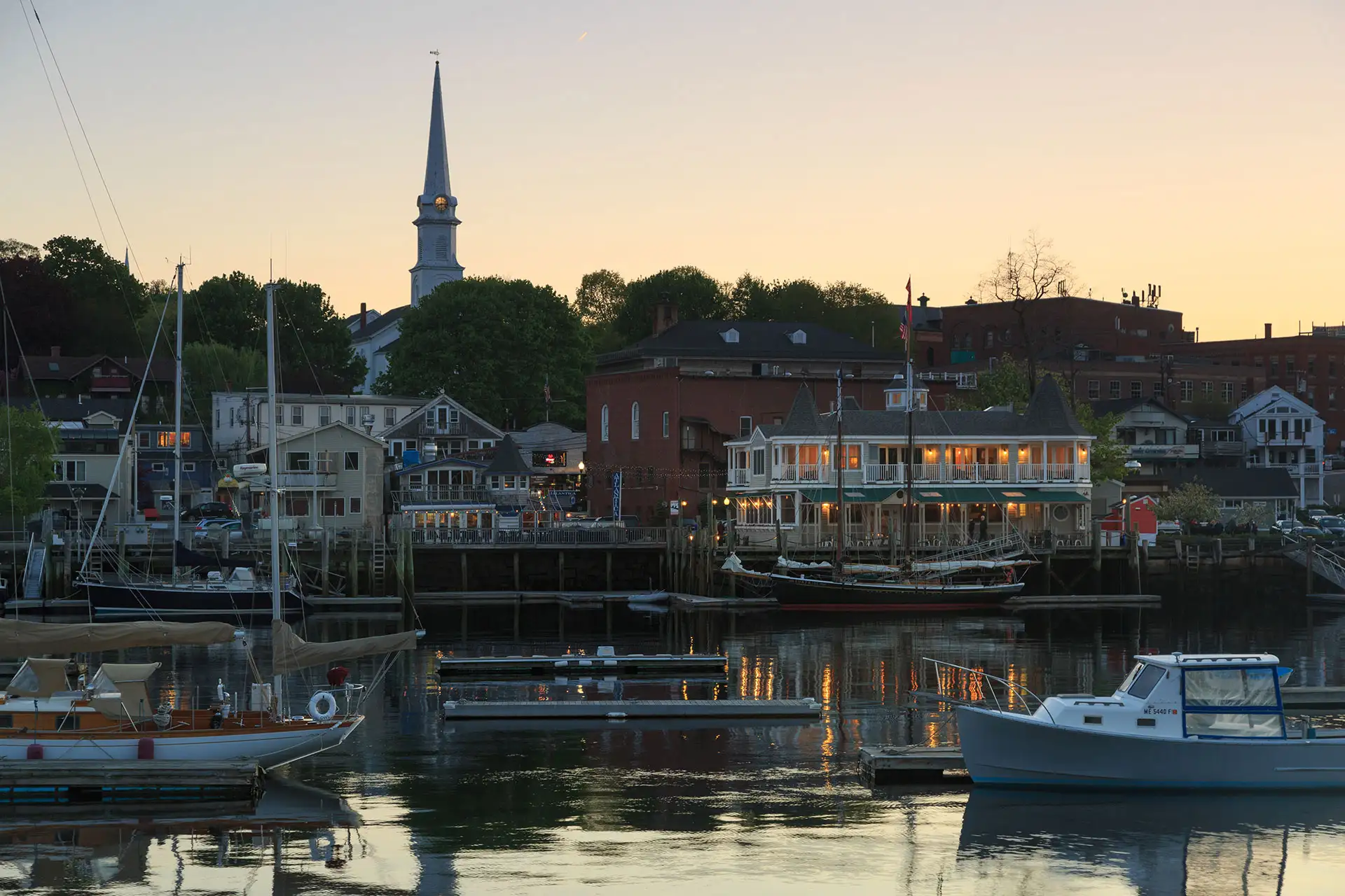 Camden, Maine Harbor at Sunset; Courtesy of Grand Harbor Inn