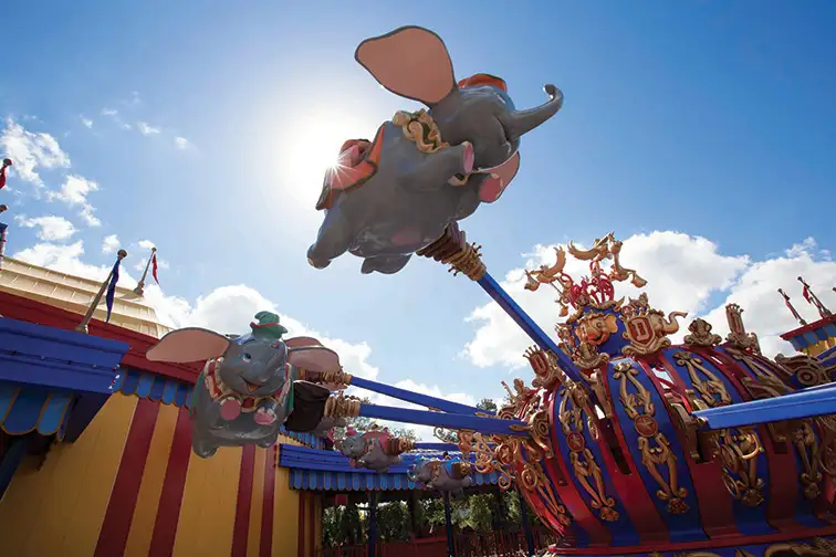 Guests take a spin on “Dumbo, the Flying Elephant” at Magic Kingdom Park; Courtesy of Walt Disney World