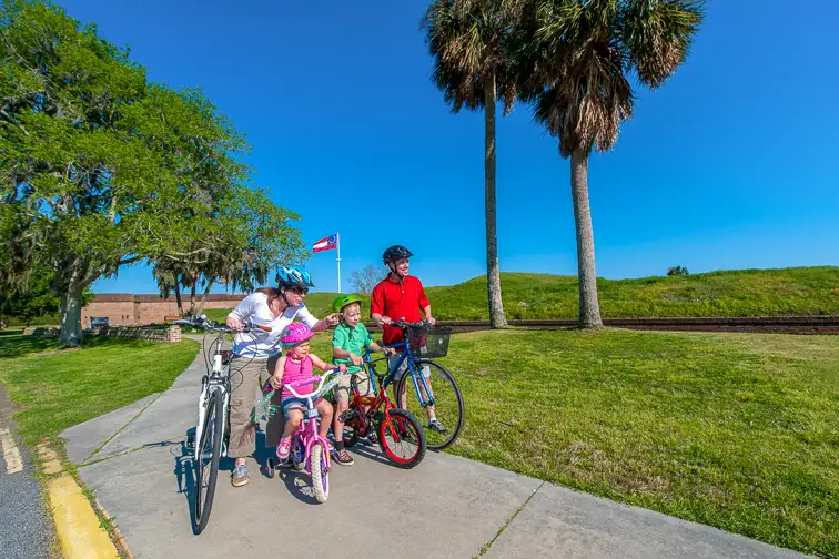 Family bike ride at fort Pulaski in Tybee Island; Courtesy of Visit Tybee Island