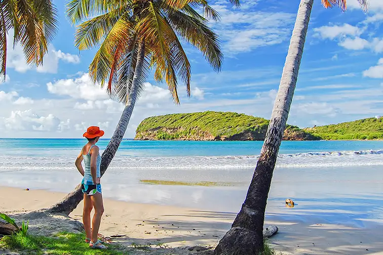 Young woman tourist standing under palm tree on beautiful beach on Grenada island, Caribbean region of Lesser Antilles ;Courtesy of Pawel Kazmierczak/Shutterstock