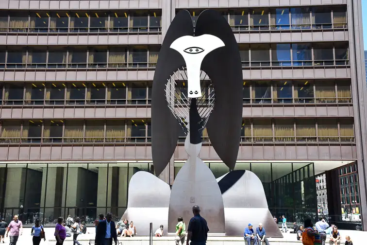 The Pablo Picasso sculpture located in Daley Plaza	;	Courtesy of	Claudiovidri	/Shutterstock