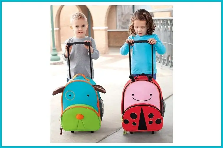 Skip Hop Kids Luggage with Wheels, two children with rolling suitcases 
