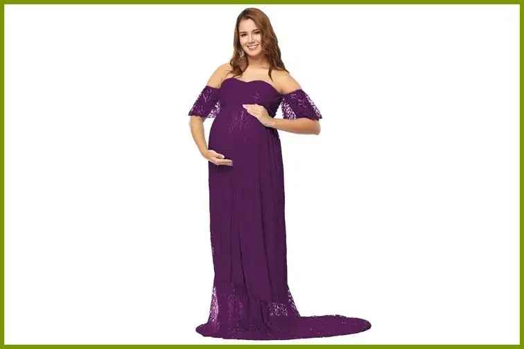 JustVH Maternity Off Shoulder Ruffle Sleeve Maternity Dress