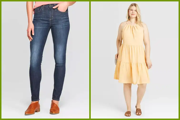 Jeans and a woman wearing a yellow dress from Target brands A New Day and Universal Thread