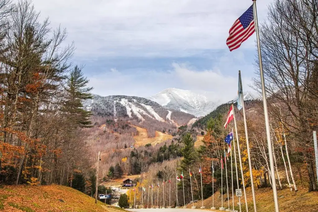 Flags lining the road at Whiteface Mountain