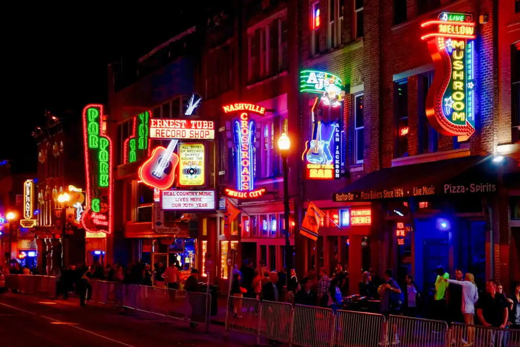 A strip of bars and music venues in Nashville, Tennessee