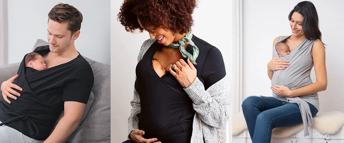 Three side-by-side images of parents (two women, 1 man) holding their baby in a babywearing shirt