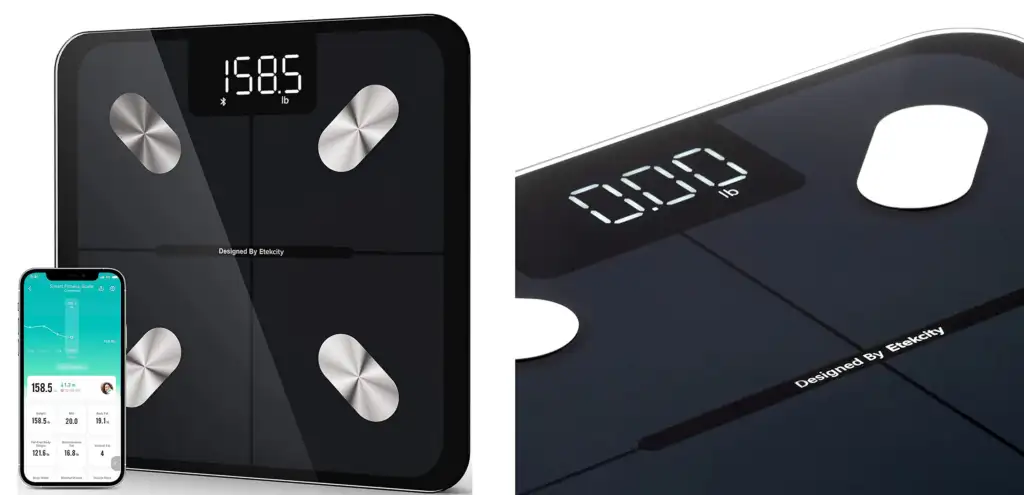 Two views of the Eteckcity ESF551 Smart Fitness Scale along with a phone displaying the corresponding app