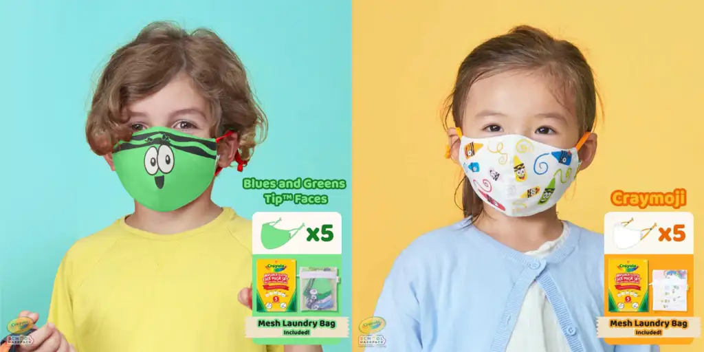 Two children wearing the Crayola Kids Masks Packs in Green and Yellow