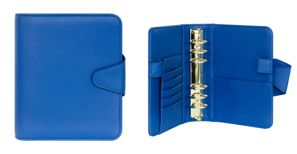 Front cover and inside features of the Franklin Planner Aliva Simulated Leather Snap Binder