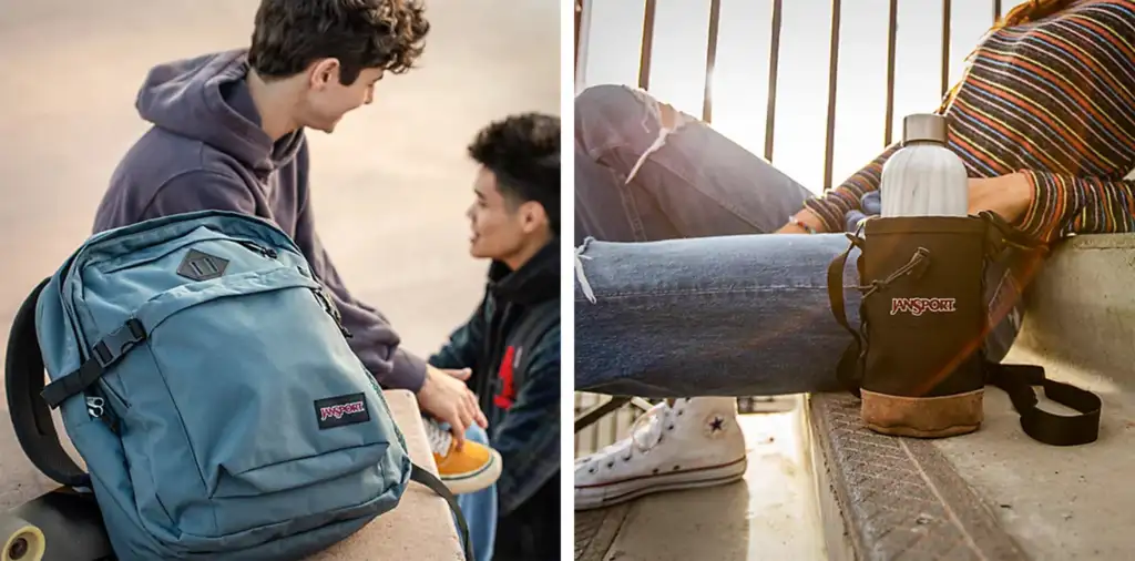 Two people with a Jansport backpack (left) and a person with a Jansport water bottle holder (right)