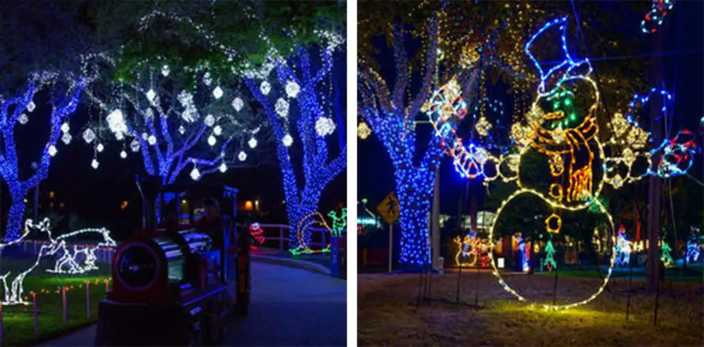 Light displays at the Festival of Lights at Moody Gardens