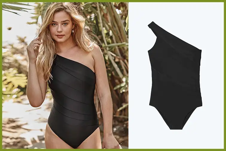 Model wearing the Sidestroke swimsuit from Summersalt on a beach, next to a flat lay image of the same swimsuit