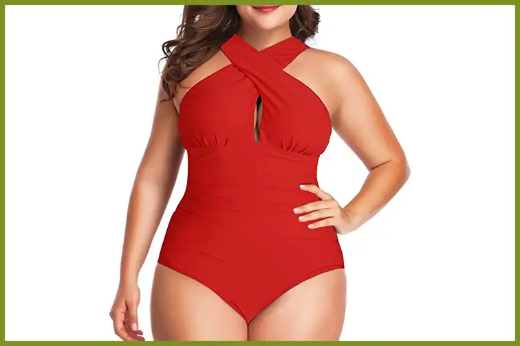 Model wearing 3. You Di An Front Cross Backless Bathing Suit in red