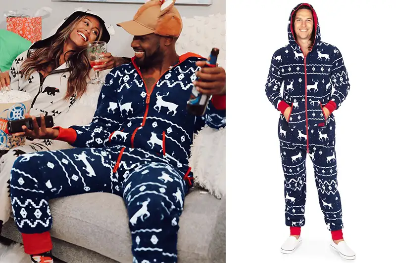 Models wearing holiday PJ jumpsuits from TipsyElves